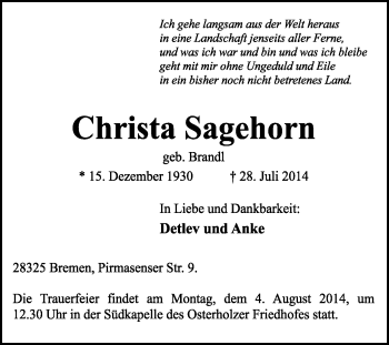 Traueranzeige von Christa Sagehorn von KRZ