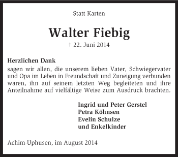 Traueranzeige von Walter Fiebig von KRZ