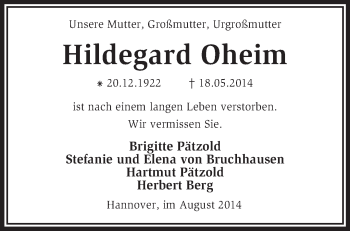 Traueranzeige von Hildegard Oheim von KRZ