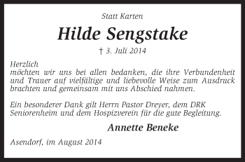 Traueranzeige von Hilde Sengstake von KRZ