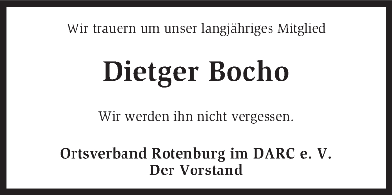 Traueranzeige für Dietger Bocho vom 02.08.2014 aus KRZ