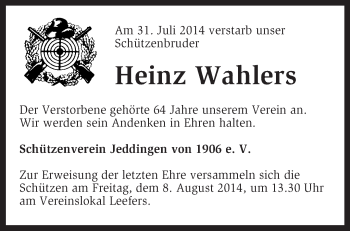 Traueranzeige von Heinz Wahlers von KRZ