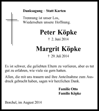 Traueranzeige von Peter und Margrit Köpke von KRZ