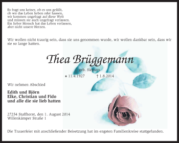 Traueranzeige von Thea Brüggemann von KRZ