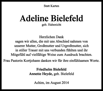 Traueranzeige von Adeline Bielefeld von KRZ