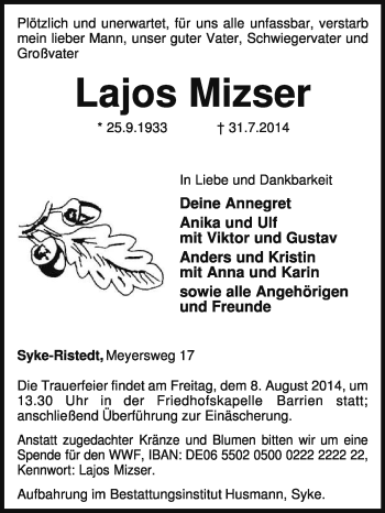 Traueranzeige von Lajos Mizser von KRZ