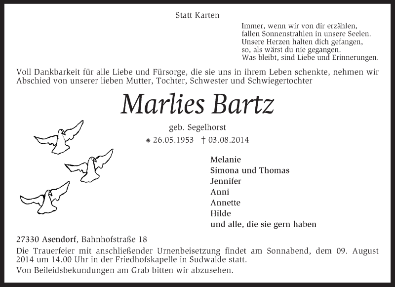  Traueranzeige für Marlies Bartz vom 06.08.2014 aus KRZ