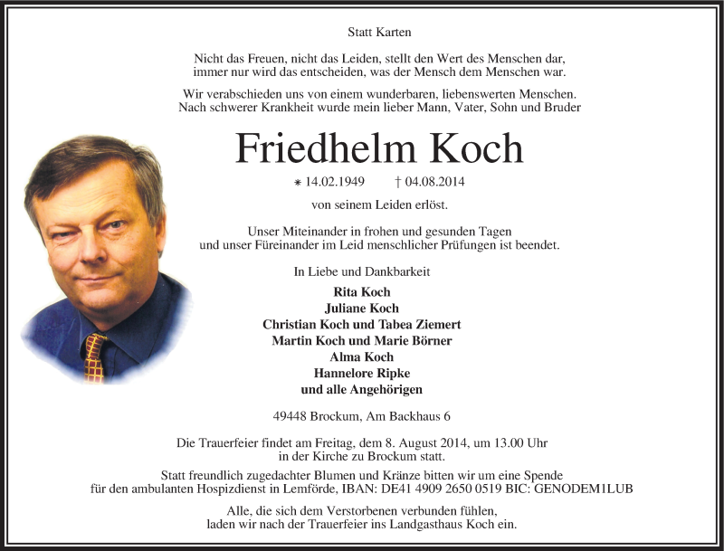  Traueranzeige für Friedhelm Koch vom 06.08.2014 aus KRZ