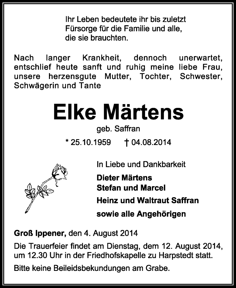  Traueranzeige für Elke Märtens vom 06.08.2014 aus KRZ