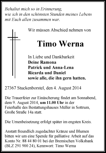 Traueranzeige von Timo Werna von KRZ