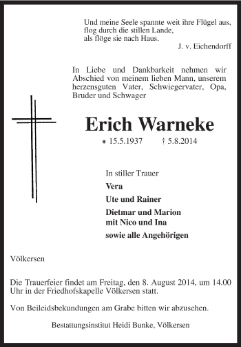 Traueranzeige von Erich Warneke von KRZ