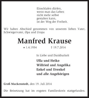 Traueranzeige von Manfred Krause von KRZ