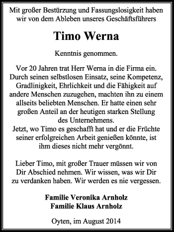 Traueranzeige von Timo Werna von KRZ