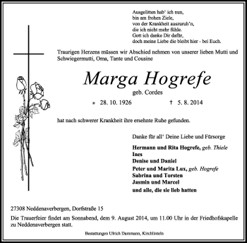 Traueranzeige von Marga Hogrefe von KRZ