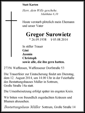 Traueranzeige von Gregor Surowietz von KRZ