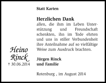 Traueranzeige von Heino Rinck von KRZ