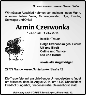 Traueranzeige von Armin Czerwonka von KRZ