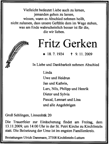 Traueranzeige von Fritz Gerken von KREISZEITUNG SYKE