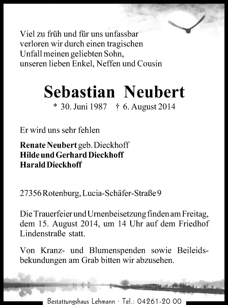  Traueranzeige für Sebastian Neubuert vom 11.08.2014 aus KRZ
