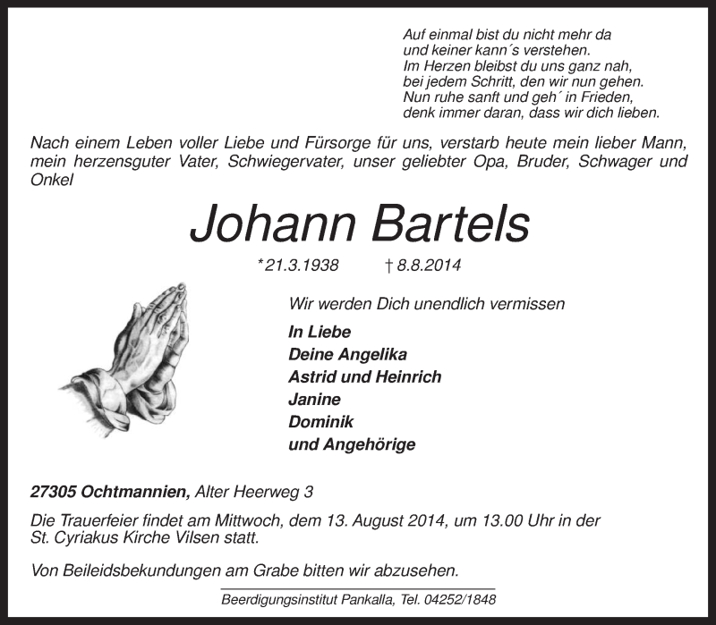  Traueranzeige für Johann Bartels vom 11.08.2014 aus KRZ