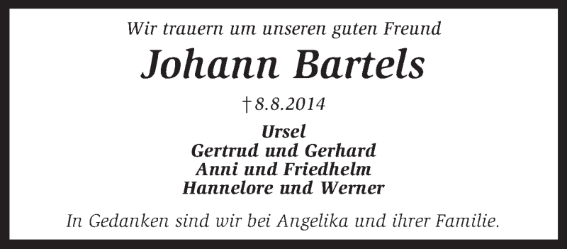 Traueranzeige für Johann Bartels vom 11.08.2014 aus KRZ