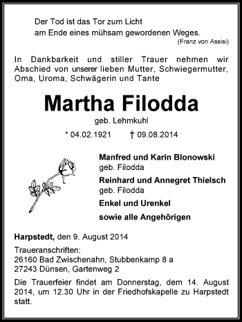 Traueranzeige von Martha Filodda von KRZ