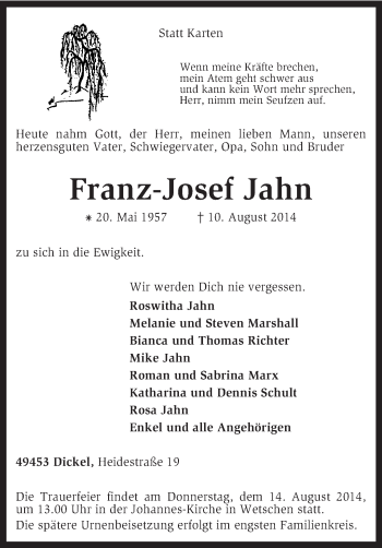 Traueranzeige von Franz-Josef Jahn von KRZ