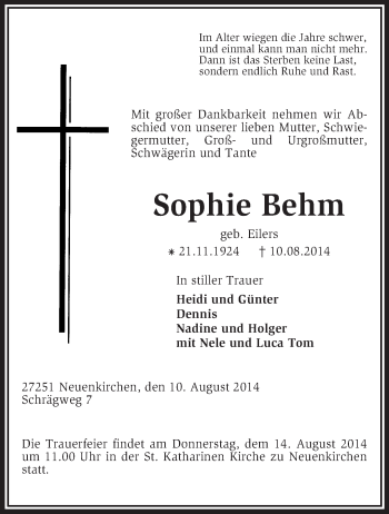 Traueranzeige von Sophie Behm von KRZ