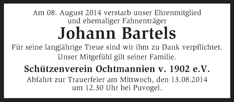  Traueranzeige für Johann Bartels vom 12.08.2014 aus KRZ