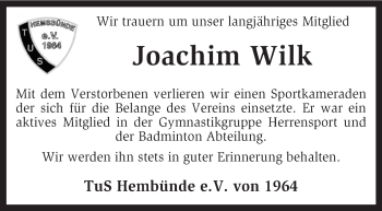 Traueranzeige von Joachim Wilk von KRZ