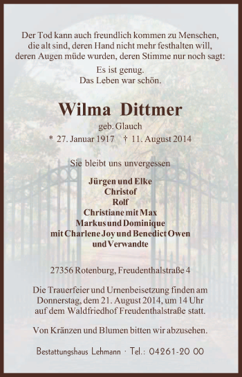 Traueranzeige von Wilma Dittmer von KRZ