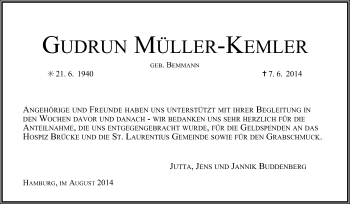 Traueranzeige von Gudrun Müller-Kemler von KRZ