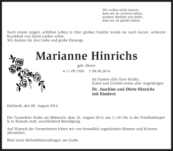 Traueranzeige von Marianne Hinrichs von KRZ