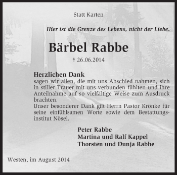 Traueranzeige von Bärbel Rabbe von KRZ