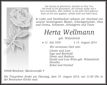 Traueranzeige von Herta Wellmann von KRZ