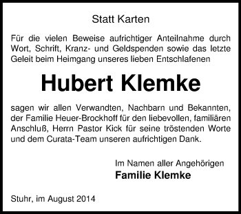 Traueranzeige von Hubert Klemke von KRZ