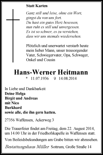 Traueranzeige von Hans-Werner Heitmann von KRZ