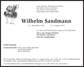 Traueranzeige von Wilhelm Sandmann von KRZ