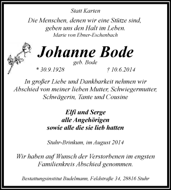 Traueranzeige von Johanne Bode von KRZ