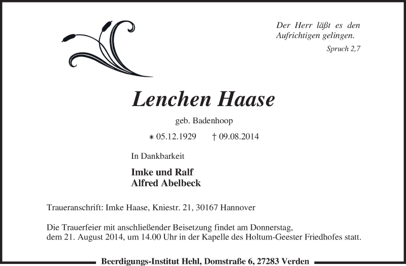  Traueranzeige für Lenchen Haase vom 16.08.2014 aus KRZ