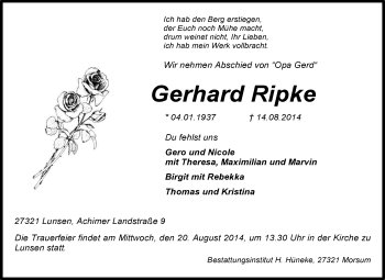 Traueranzeige von Gerhard Ripke von KRZ