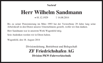 Traueranzeige von Wilhelm Sandmann von KRZ