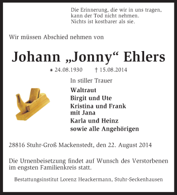 Traueranzeige von Johann Ehlers von KRZ