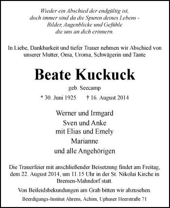 Traueranzeige von Beate Kuckuck von KRZ