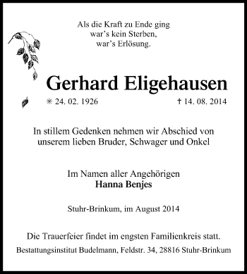 Traueranzeige von Gerhard Elighausen von KRZ