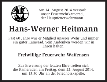 Traueranzeige von Hans-Werner Heitmann von KRZ