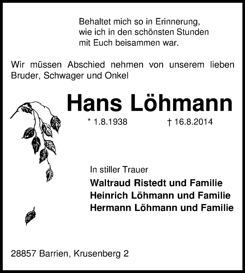  Traueranzeige für Hans Löhmann vom 20.08.2014 aus KRZ