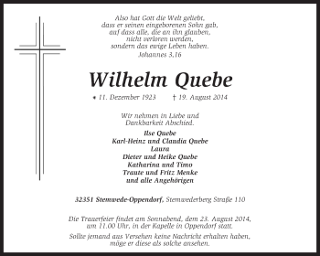 Traueranzeige von Wilhelm Quebe von KRZ