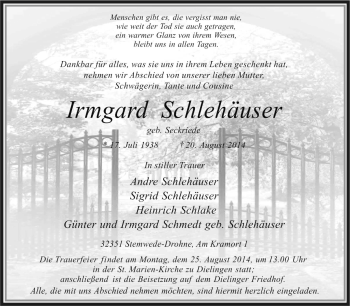 Traueranzeige von Irmgard Schlehäuser von KRZ