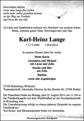Traueranzeige von Karl-Heinz Lange von KRZ